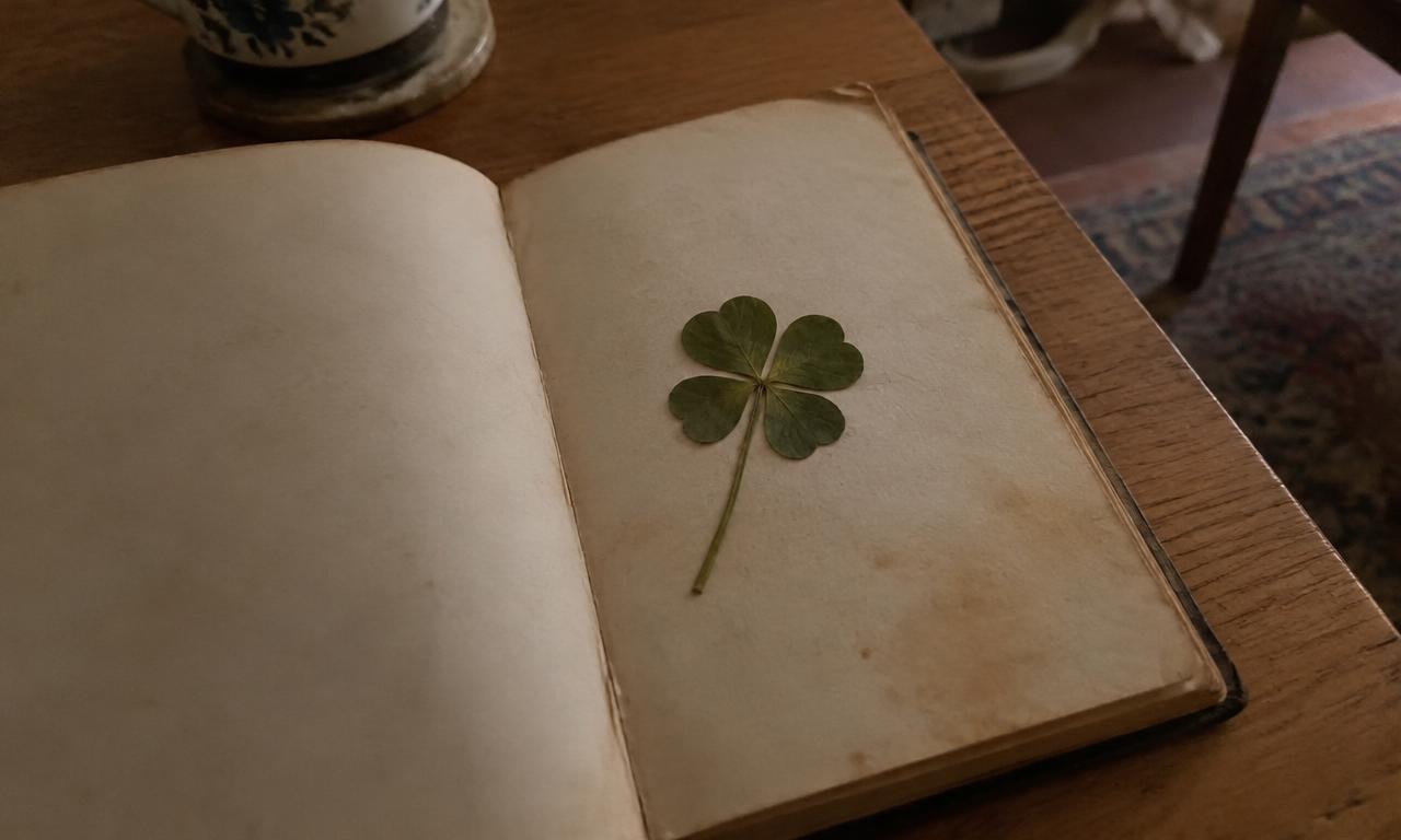 Un trèfle à quatre feuilles pressé à plat entre les pages d'un carnet ancien.