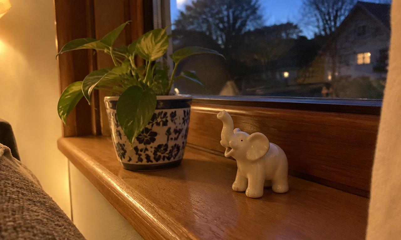Un éléphant de céramique blanc, trompe levée, posé sur un rebord de fenêtre.